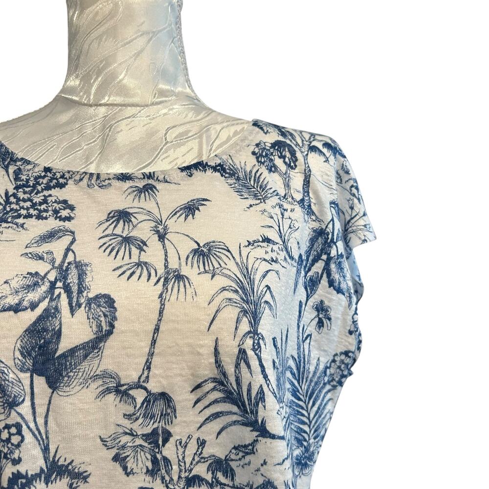 Blue White Linen Tropical Toile Print Cap Sleeve Top Coastal Grandmother S - Picture 9 of 13